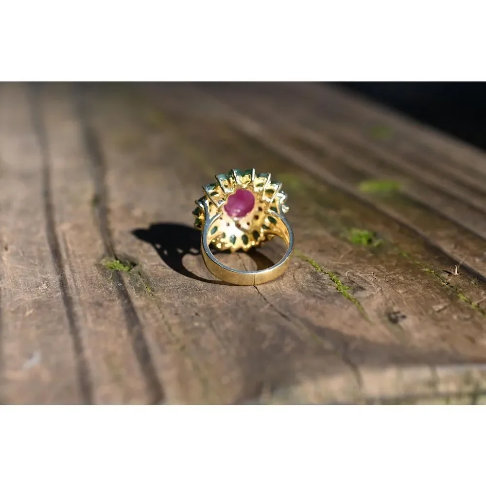 Ruby Emerald Floral Ring – Handmade Boho Statement Ring – Vintage Style Gemstone